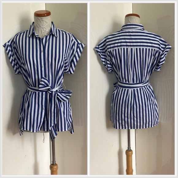 J.Crew Button Front Tie Waist Top in Bold Stripe Cotton Poplin sz S - Picture 5 of 12
